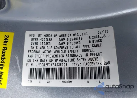 2014 Honda Accord Lx из США, поврежденный, VIN 1HGCR2F3XEA036006